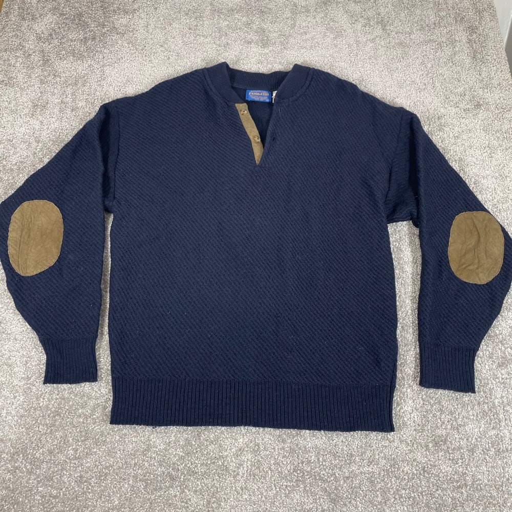 Vintage Pendleton Wool Sweater Mens Large Elbow Patches Henley USA Navy (Tag XL)